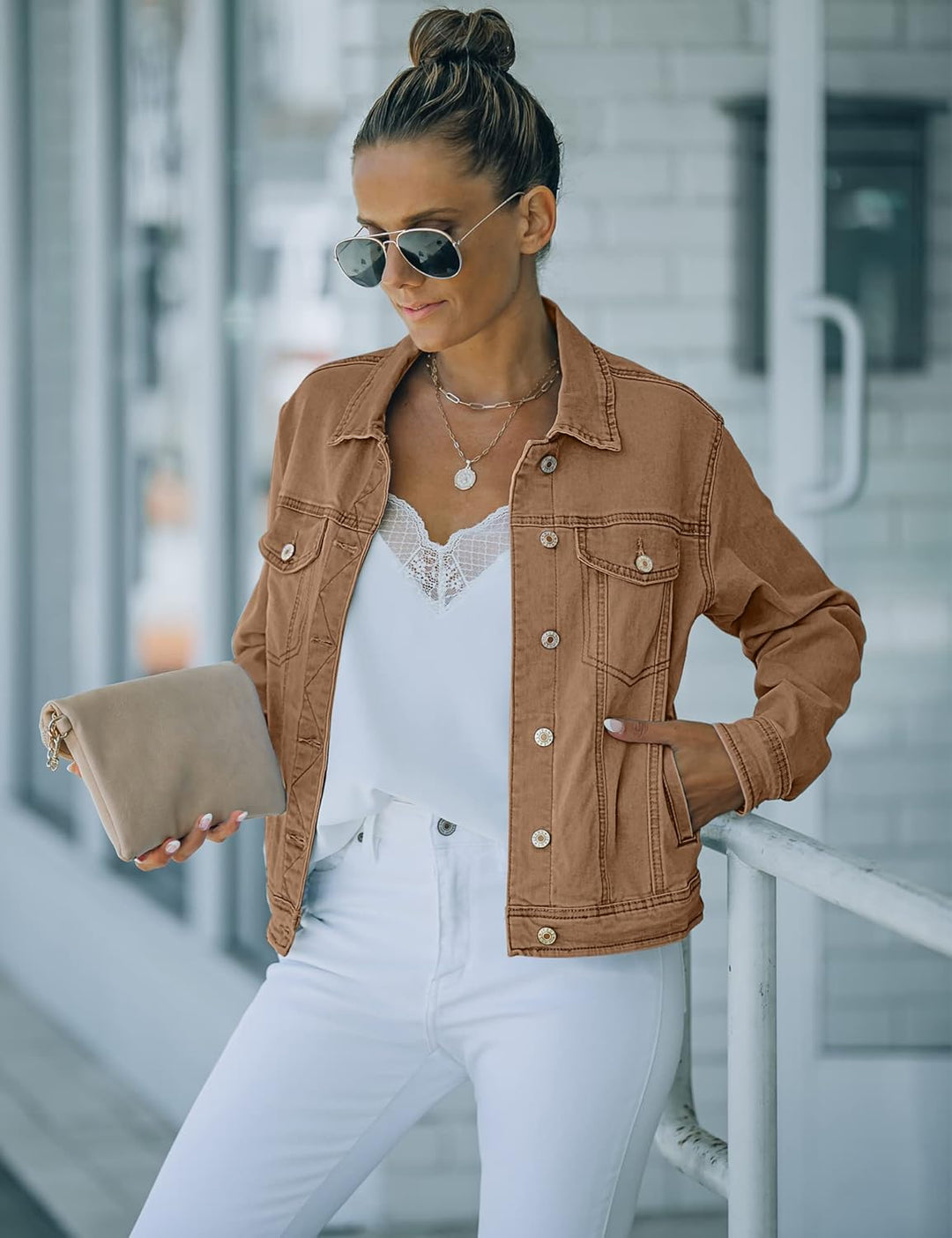 Roskiky Jeansjacken Damen Jean Stretchy Langarm Trucker Jacke mit Tasche XL Braun, XL Braun