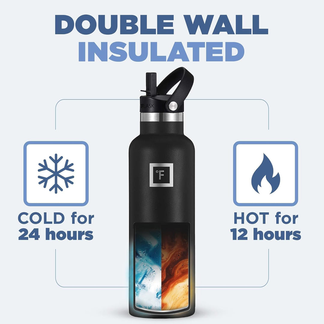 Edelstahl Trinkflasche mit 3 Deckel - Auslaufsicher Thermosflasche - Metall Wasserflasche Doppelwand