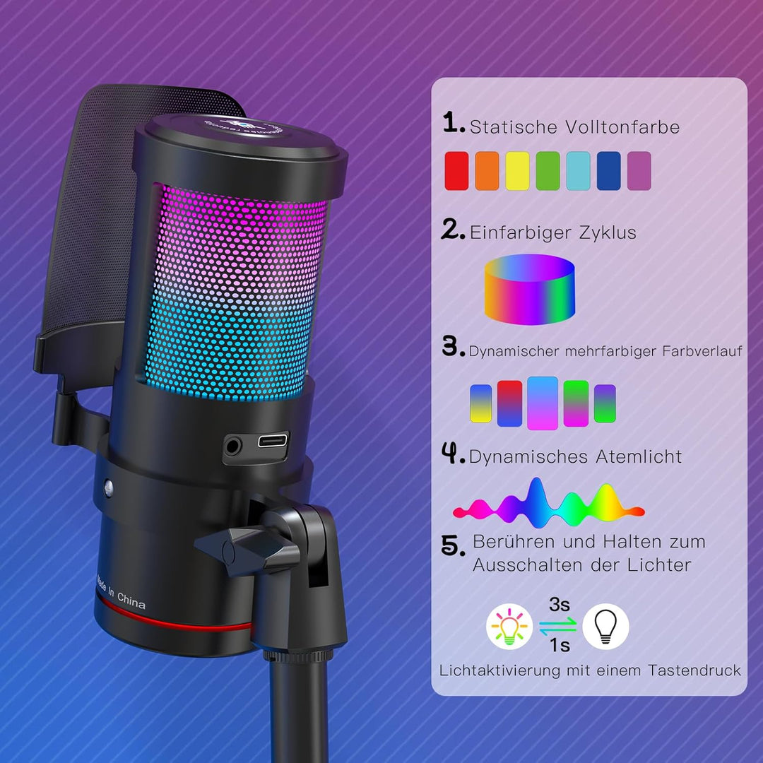 ZealSound Gaming Mikrofon PC, RGB Tischmikrofon mit USB-C &Lightning Adapter,Touch-Stummschaltung, G