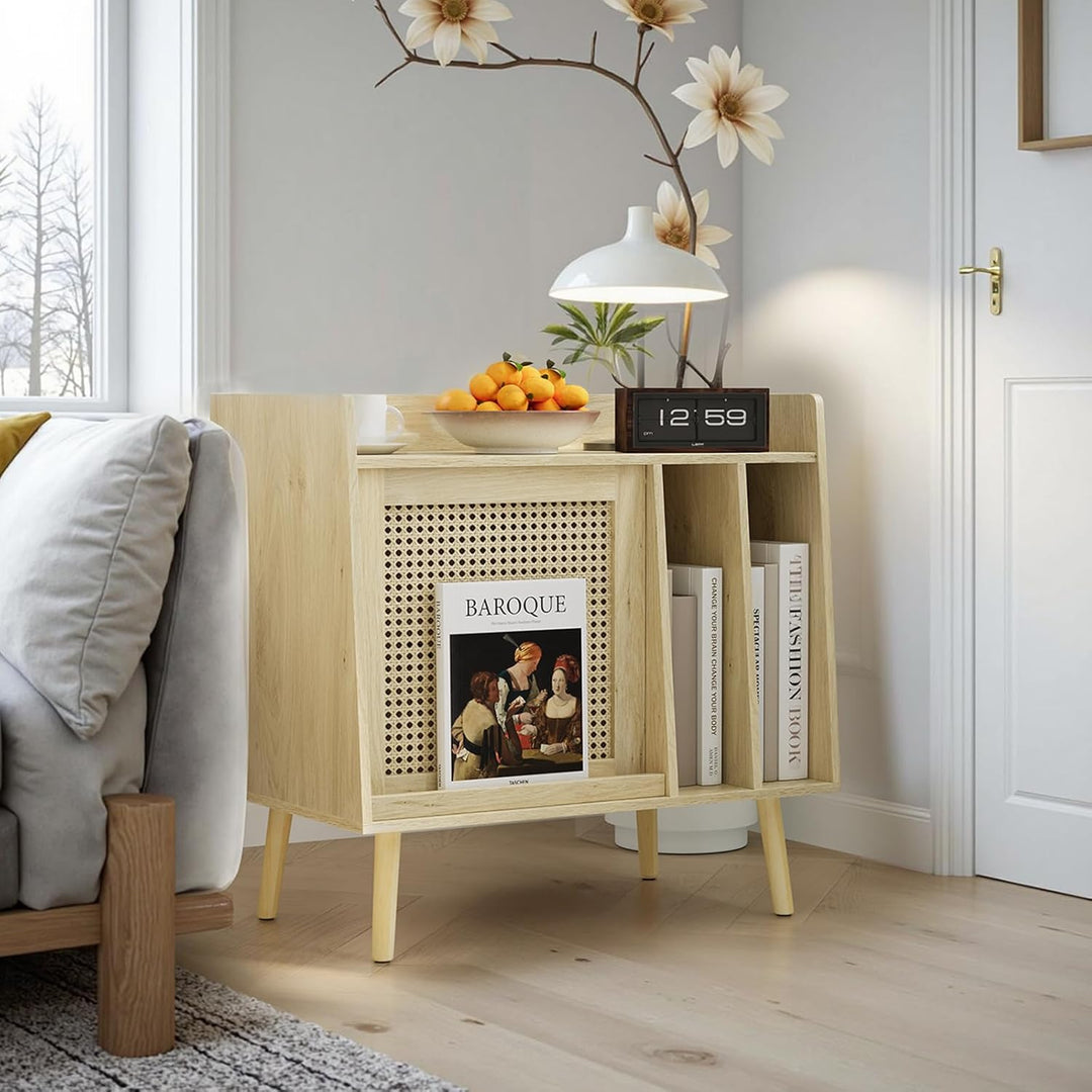Kiasthome Schallplattenschrank Hellholz mit Rattan, Niedriger Vinyl Schrank mit 2 Vinyl-Fächern &amp; Ra
