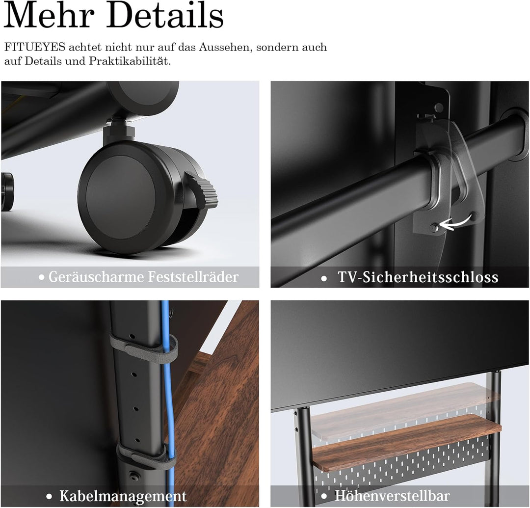 FITUEYES TV Ständer Rollbar Fernsehständer mit Rollen Bodenständer TV Rollwagen für 40-85 Zoll Ferns