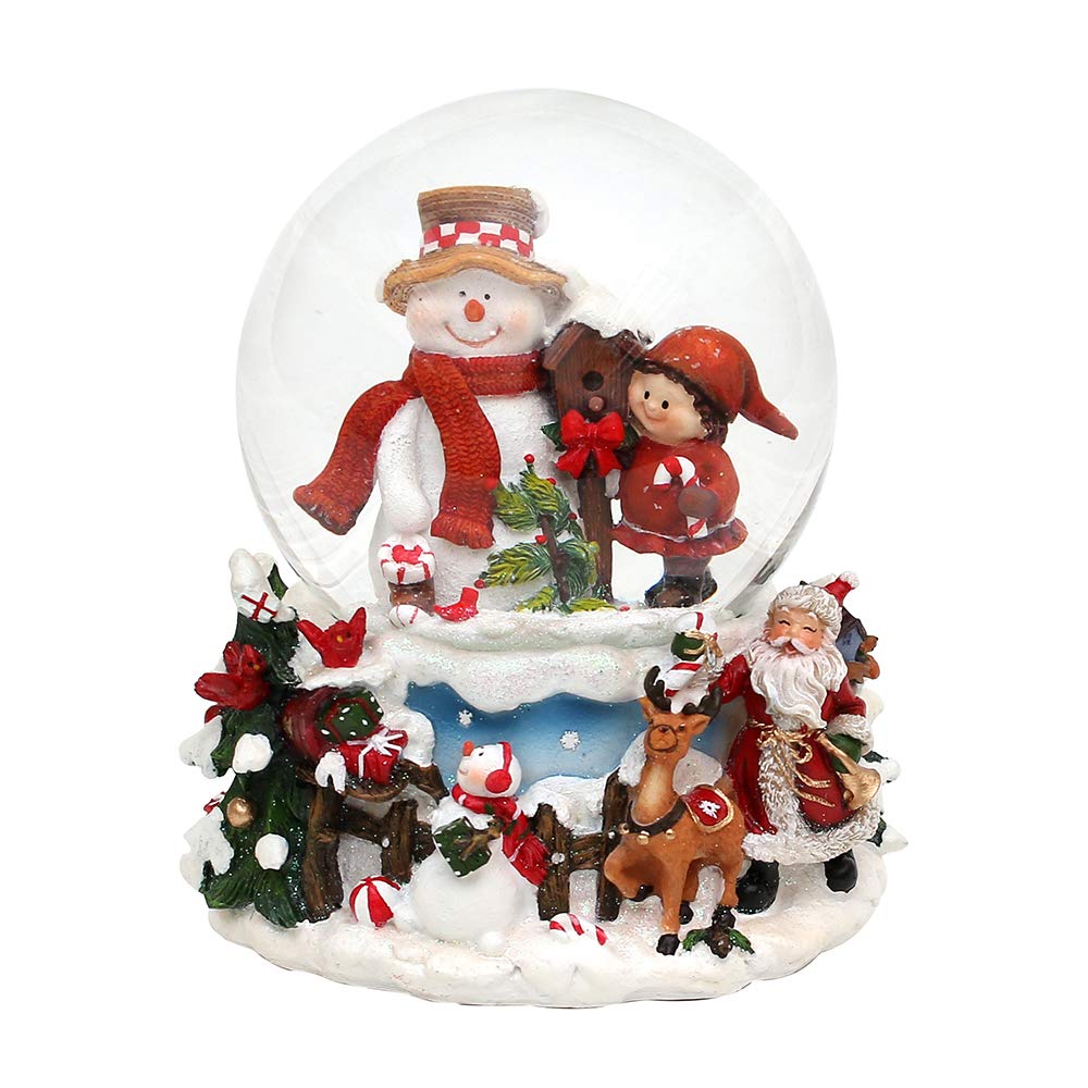 Dekohelden24 Schneekugel Schneemann mit Kind auf aufwendig verziertem Sockel, mit Spielwerk, Melodie