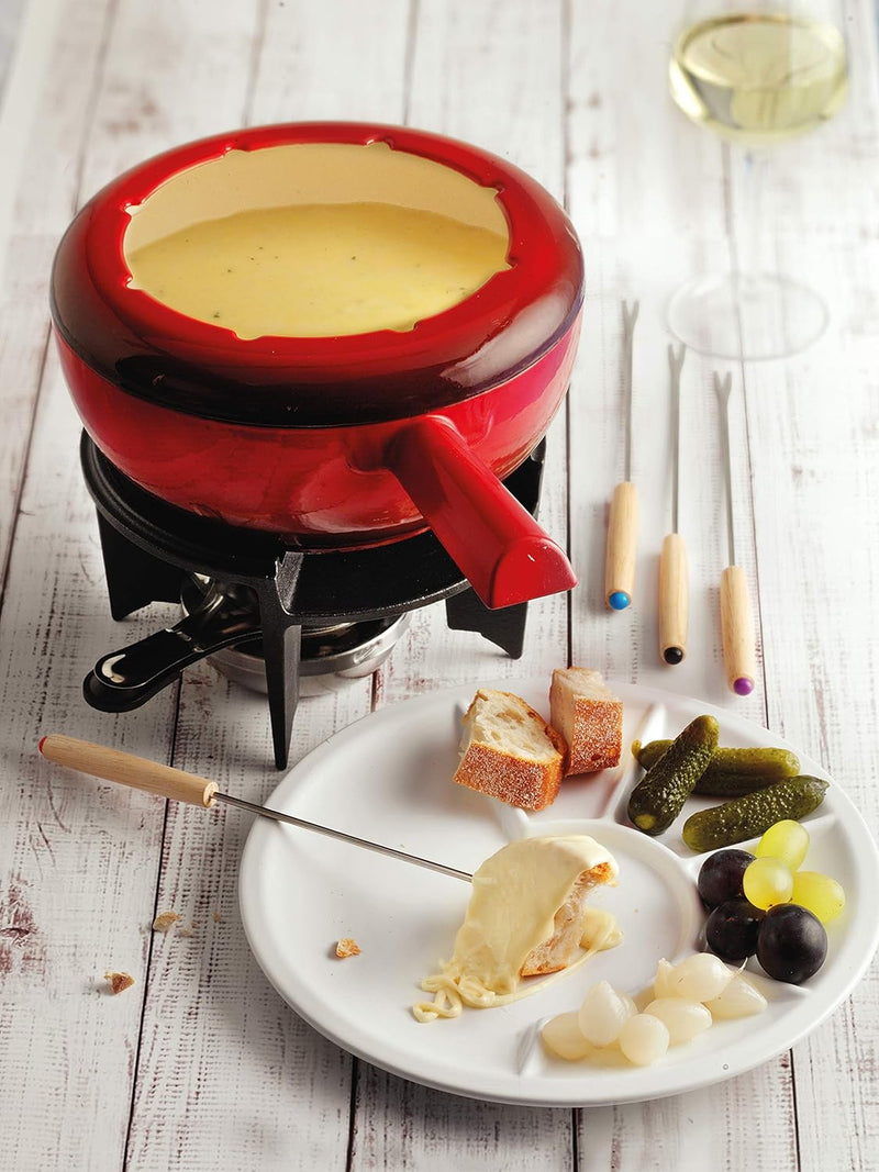 Spring Gusseisen Fondue Set rot | Ø 20 cm | mit 8 Fonduegabeln und Spritzschutz | Rechaud Brenner &