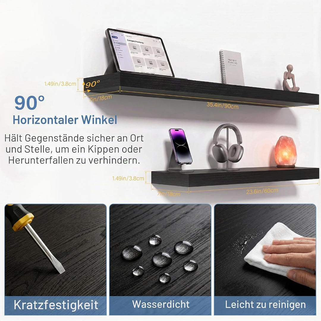 Schweberegale Schwarz 2er Set – Wandboard 90 cm aus Holz mit PVC-Beschichtung, Moderne Wandregale fü