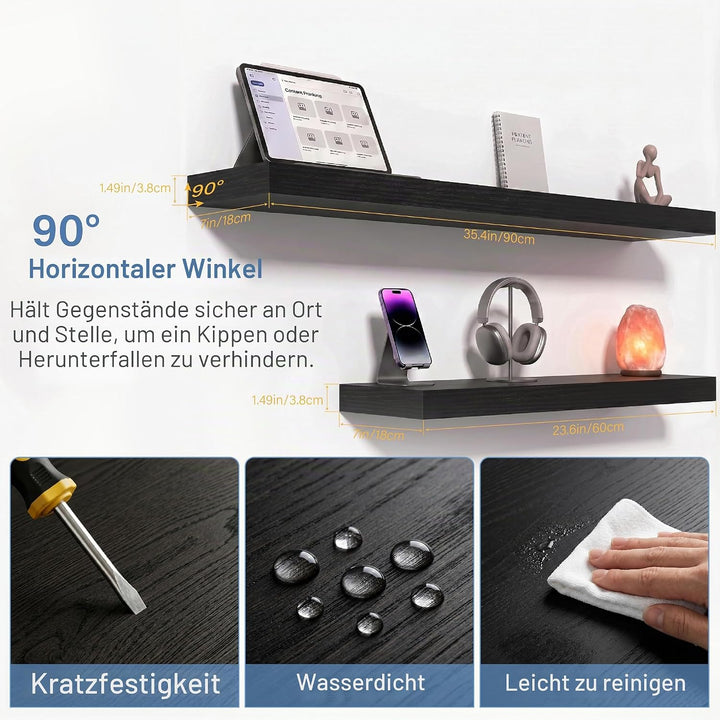 Schweberegale Schwarz 2er Set – Wandboard 90 cm aus Holz mit PVC-Beschichtung, Moderne Wandregale fü