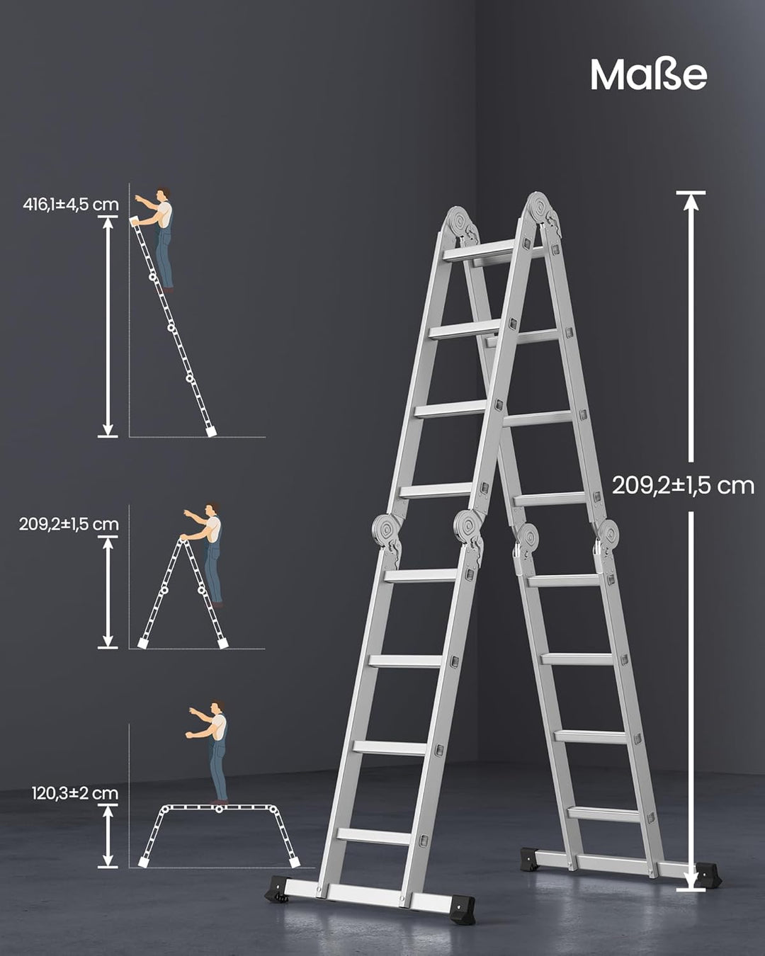 SONGMICS Leiter Mehrzweckleiter, 4 x 4 Stufen, bis 150 kg | Trittleiter, Aluleiter, Haushaltsleiter,