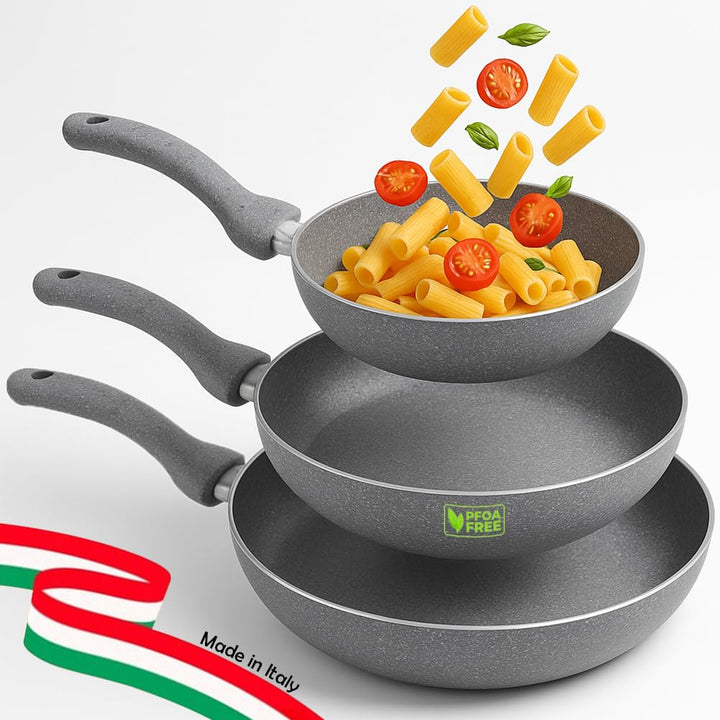 BAKAJI Accademia Mugnano - Bratpfannen-Set, Herz aus Stein, antihaftbeschichtet, Aluminium mit Stein