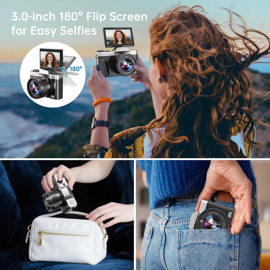 Digitalkamera, 4K 64MP Autofokus Kamera Fotokamera Mit WLAN, 3" 180° Klappbarer Bildschirm Digital K