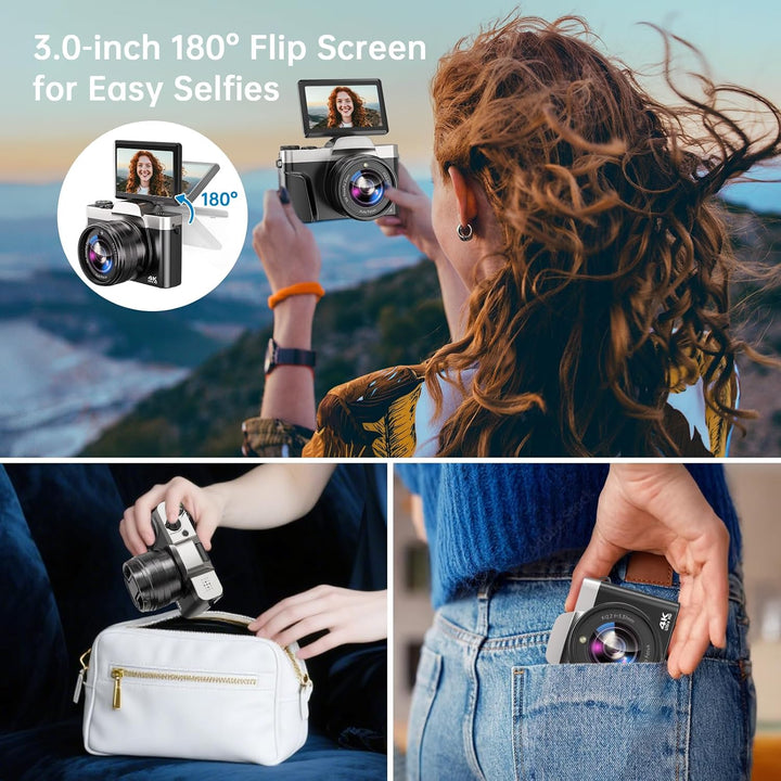 Digitalkamera, 4K 64MP Autofokus Kamera Fotokamera Mit WLAN, 3" 180° Klappbarer Bildschirm Digital K