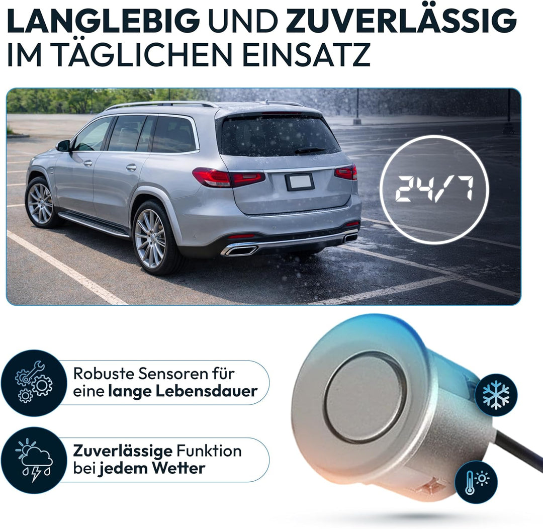 VSG24 Einparkhilfe Set hinten mit 4 Sensoren in Silber – robuste PDC Parkhilfe für Auto, SUV &amp; Trans