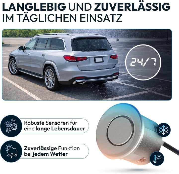 VSG24 Einparkhilfe Set hinten mit 4 Sensoren in Silber – robuste PDC Parkhilfe für Auto, SUV &amp; Trans