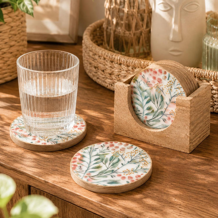 Decorasian Emaillierte Glasuntersetzer aus Mangoholz – 6er Set mit Halter Box (Ø 9,5cm) – Handgefert