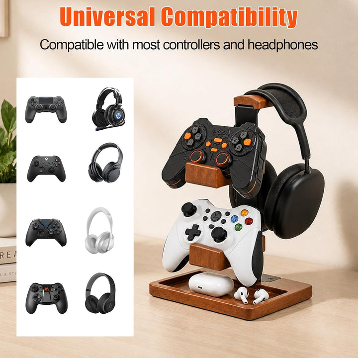 Controller Halter und Kopfhörer Ständer aus Holz, Tisch Headset Halterung mit Aufbewahrungsbasis, Un