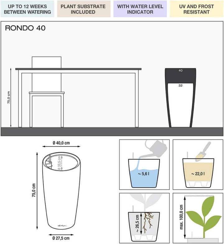 LECHUZA RONDO Premium 40, Scarlet Rot Hochglanz, Hochwertiger Kunststoff, Inkl. Bewässerungssystem,