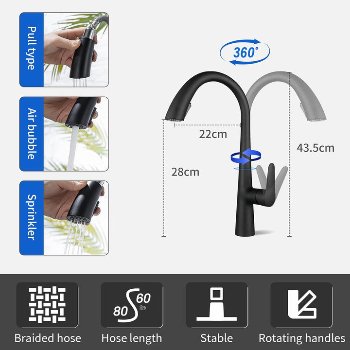 Wasserhahn Küche Schwarz,Hochdruck Küchenarmatur mit Herausziehbarem Sprüher,360° Drehbar Edelstahl