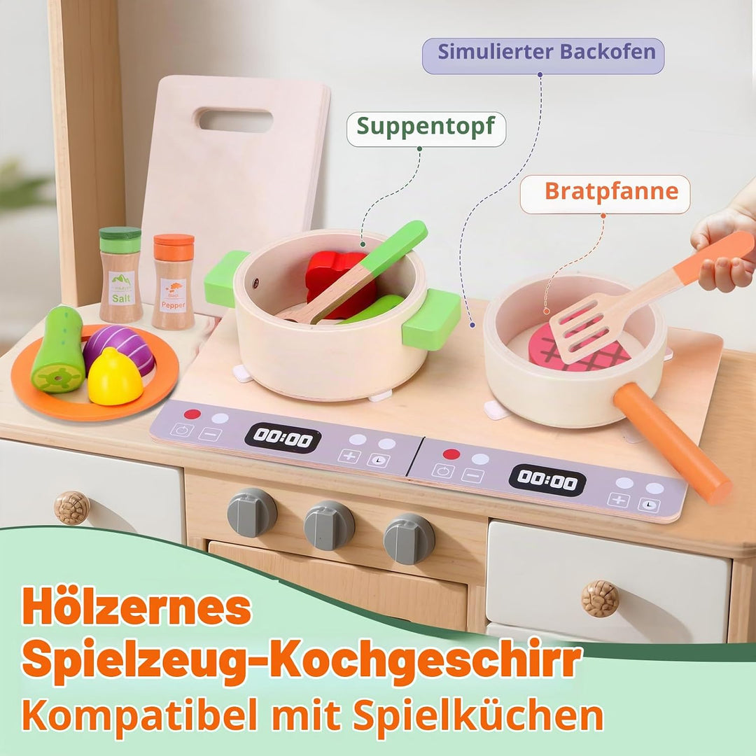 Kinderküche Zubehör Holz, Spielküche Zubehör, Holzspielzeug Inklusive Topfset Küchenspielzeug und Ob
