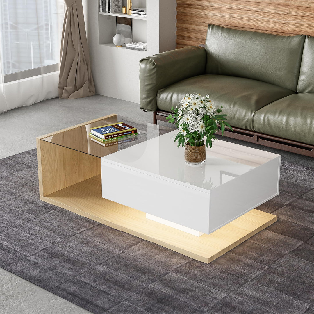Merax Wohnzimmertisch, LED Couchtisch mit Schubladen, Hochglanz Kaffeetisch mit Stauraum, Modern Cof