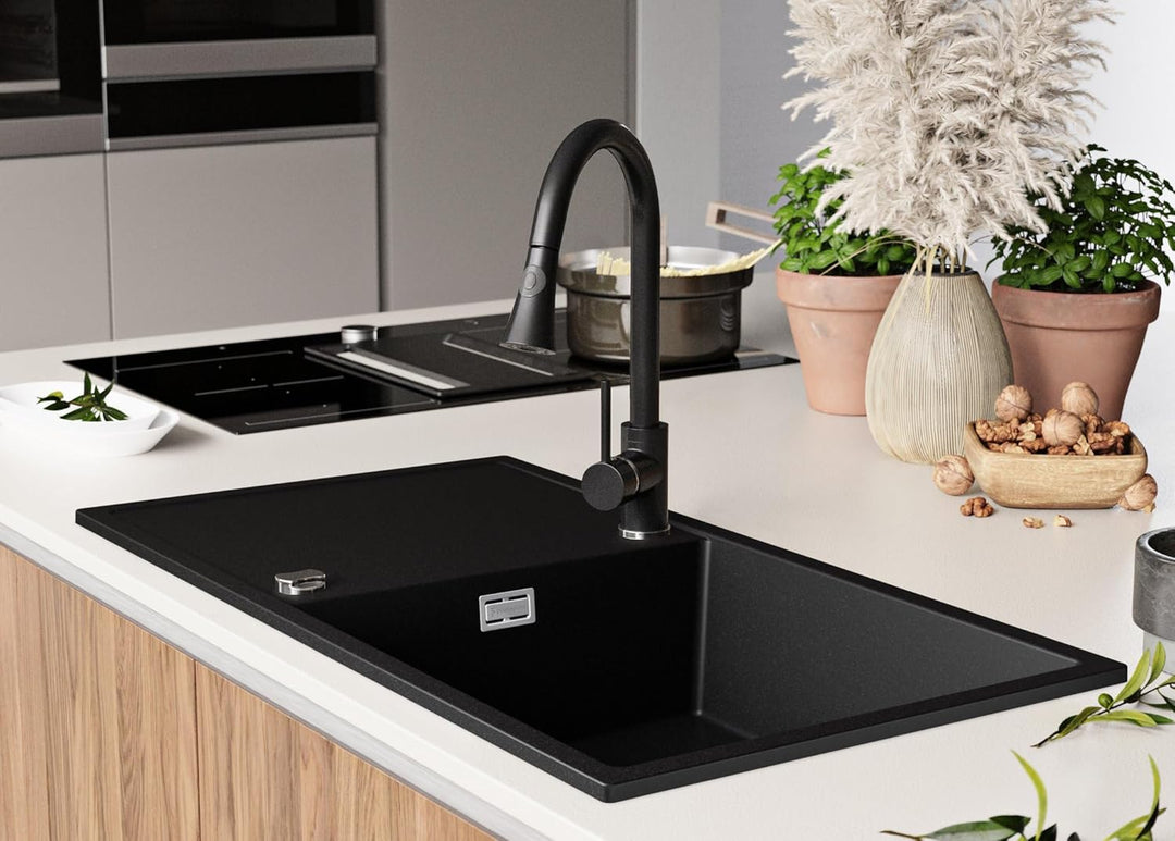 Spülbecken Schwarz 90x50 cm, Granitspüle 1 Becken XL + Ablauf-Set + Küchenarmatur 5000, Küchenspüle