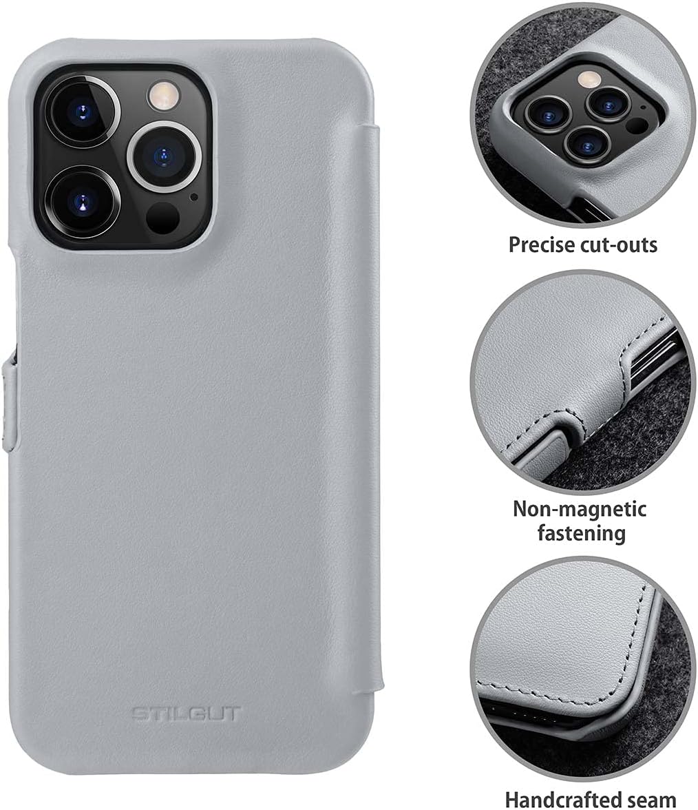 STILGUT Book Case kompatibel mit iPhone 13 Pro (6.1“) Hülle aus Leder mit Clip-Verschluss, Klapphüll