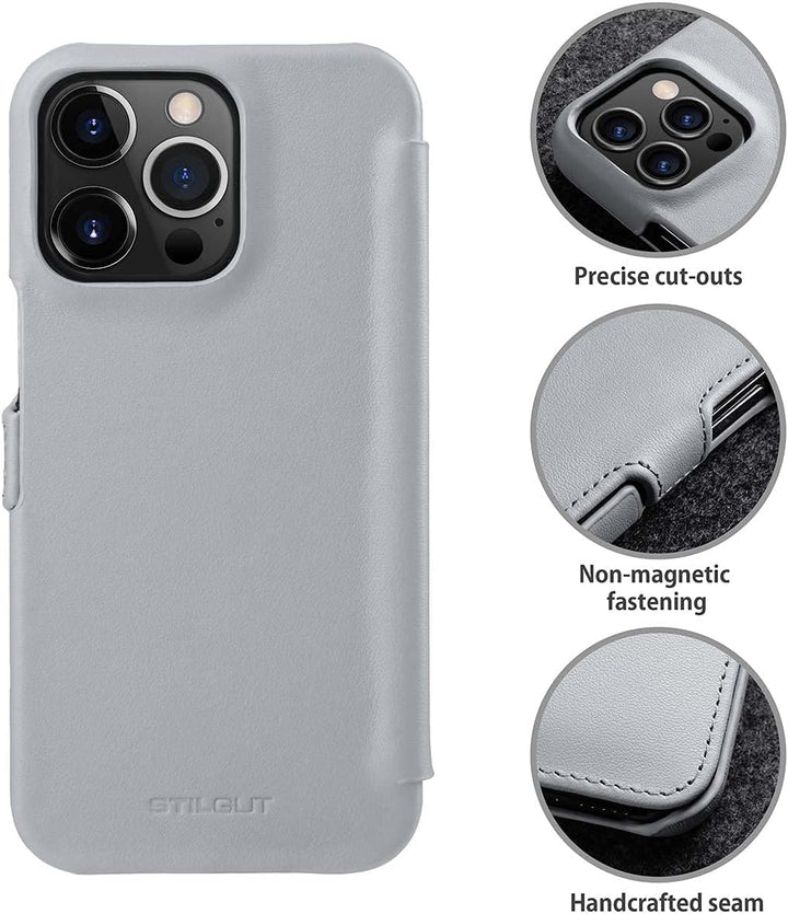 STILGUT Book Case kompatibel mit iPhone 13 Pro (6.1“) Hülle aus Leder mit Clip-Verschluss, Klapphüll