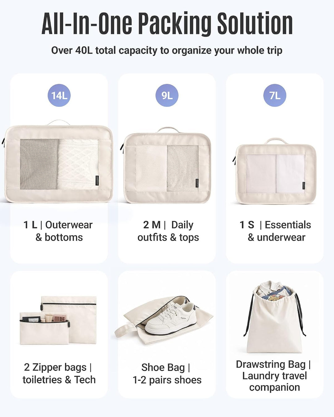 Light Flight Koffer Organizer 8-teilig Packing Cubes mit Tragegriff | Platzsparender Reiseorganizer