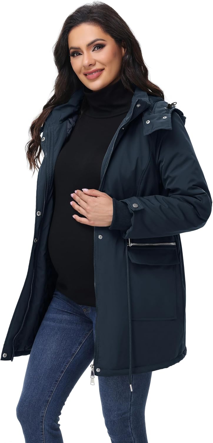 Maacie Umstands Baumwolljacke 3 in 1 Winter Langer Puffer Daunenjacke Parka mit Kapuze mit Taschen W