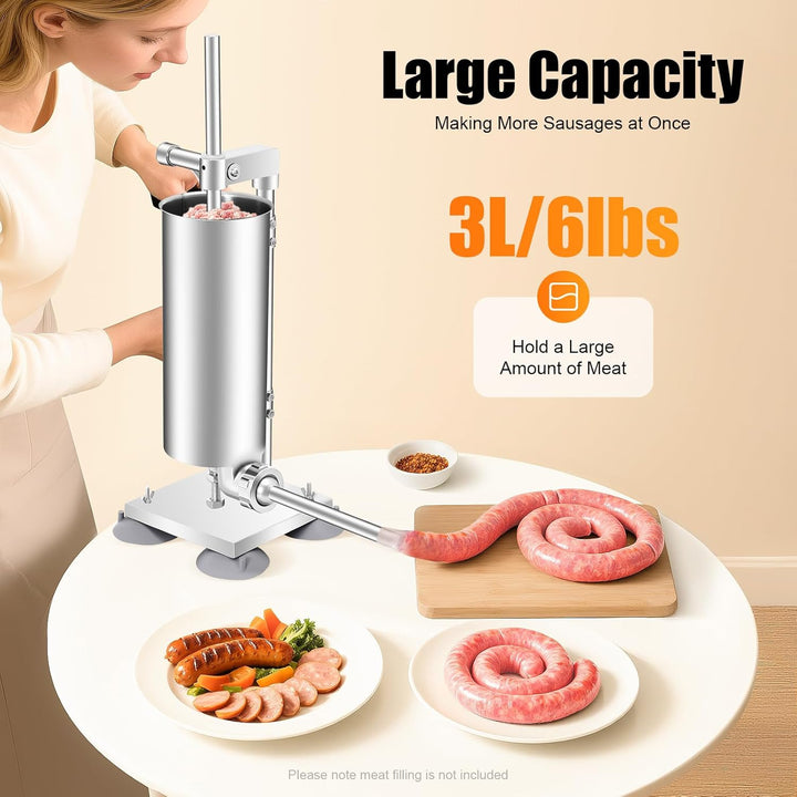 Edelstahl Wurstfüller Manuell 3L Manuell Wurstfüllmaschine mit 6 Grössen Füllrohre Wurstpresse Wurst