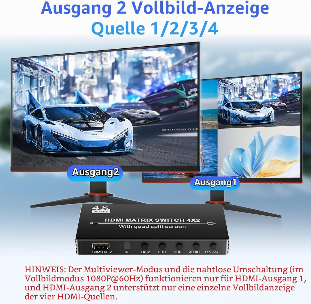 HDMI Matrix Switcher 4x2 mit Multiview, Bolaazul 4K HDMI Multi-Visor Quad Multi-Viewer Dual Monitor