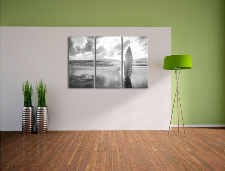Pixxprint Surfbrett am Strand / 3-Teilig/Gesamtmass 120cm Leinwandbild bespannt auf Holzrahmen/Wandb