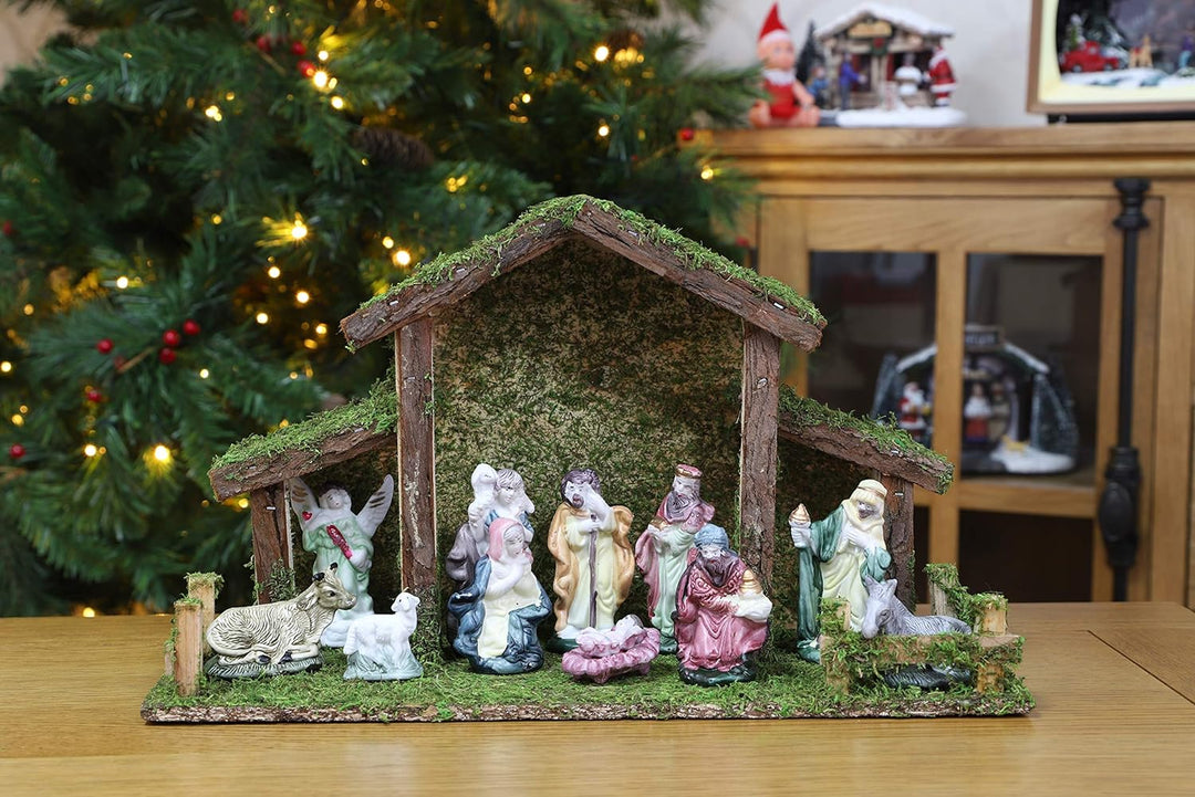 Toyland® Weihnachtskrippe Traditionell Krippenstall mit 11 Krippenfiguren Weihnachtsdeko Weihnachtsd