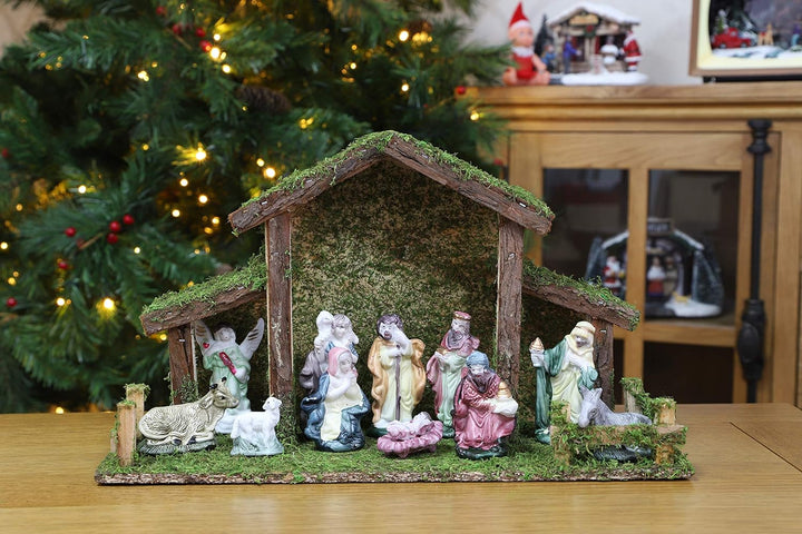 Toyland® Weihnachtskrippe Traditionell Krippenstall mit 11 Krippenfiguren Weihnachtsdeko Weihnachtsd