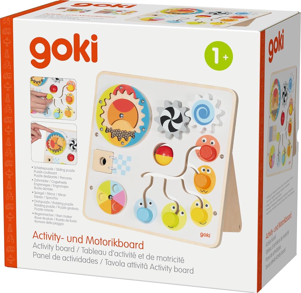 goki 59959 - Activity- und Motorikboard, Motorikspielzeug aus Holz mit Zahnrädern, Regenmacher, Schi