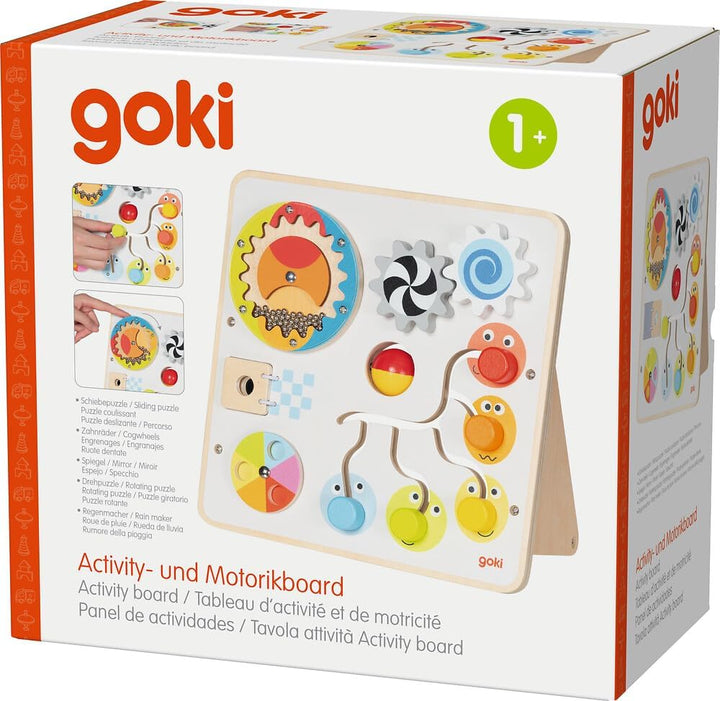 goki 59959 - Activity- und Motorikboard, Motorikspielzeug aus Holz mit Zahnrädern, Regenmacher, Schi