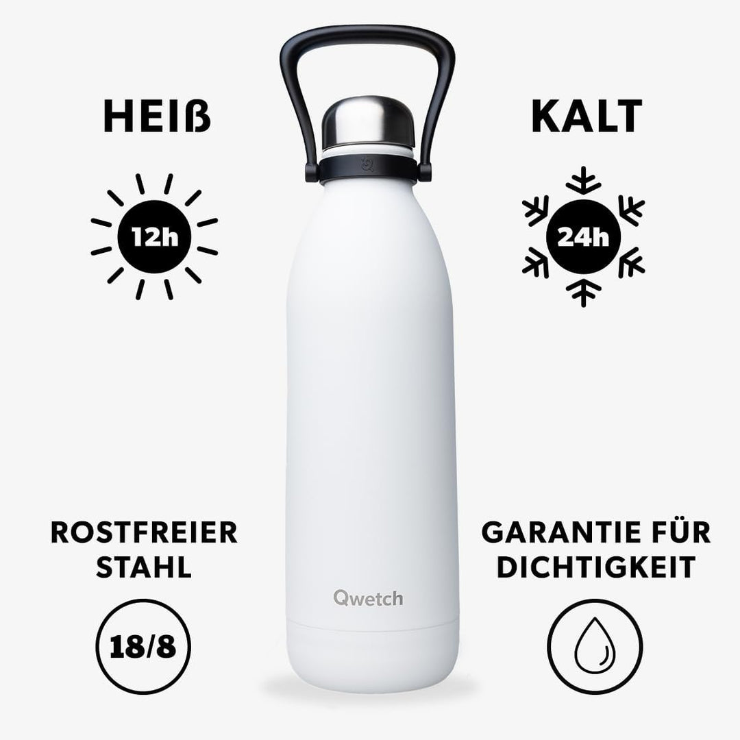 QWETCH - Isothermische Flasche - Titan Matt weiss 1,5L - 48h kalt & 16h heiss - BPA frei, wasserdich