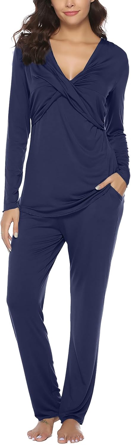 Irdcomps Stillpyjama Damen Lang Stillschlafanzug Baumwolle Umstandspyjama Lang Schwangerschaft Pyjam