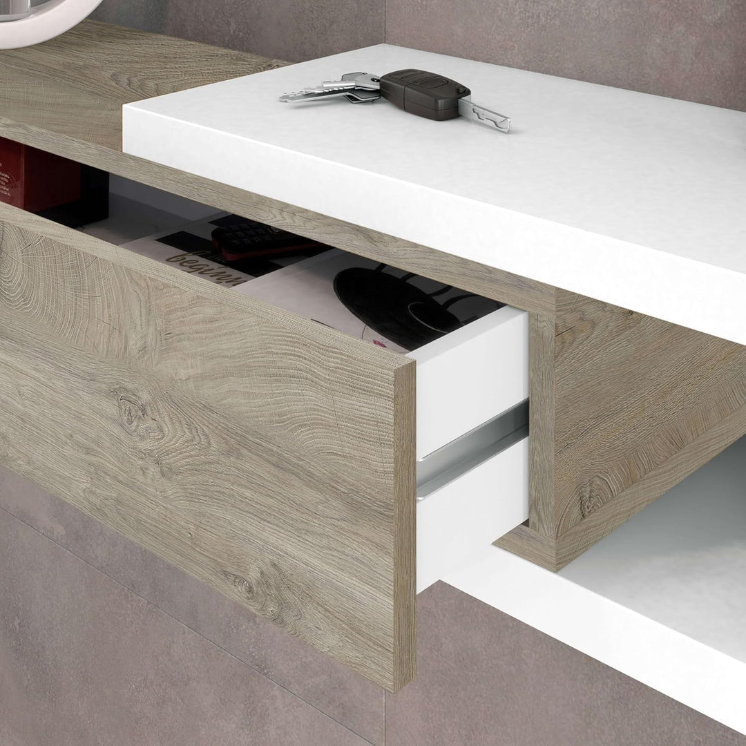 Flur mit Schublade und Spiegel, Eingangsmöbel, Modell Noon, Ausführung in Artik White und Alaska Oak