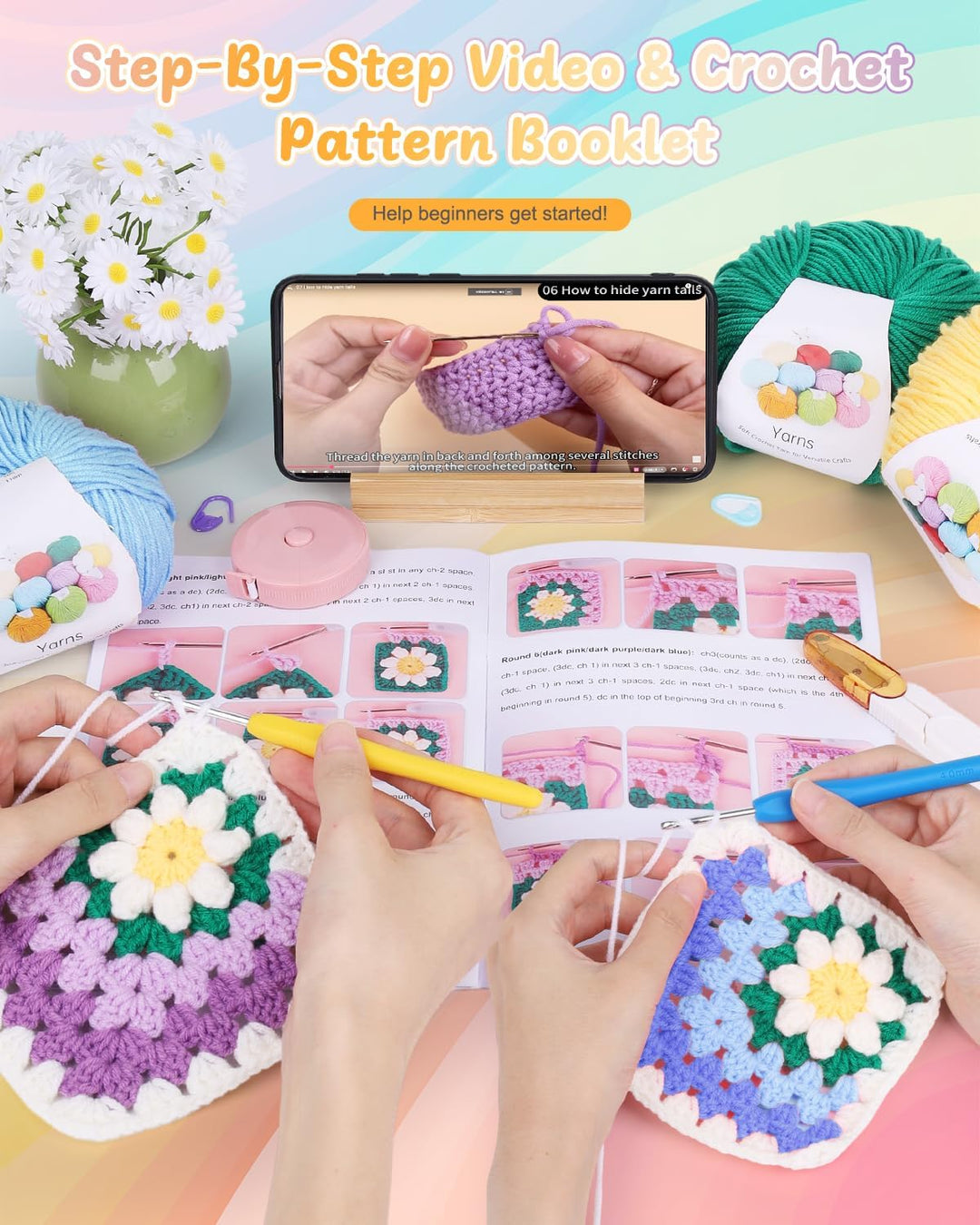 Coopay Granny Square Häkelset für Anfänger, Häkel Set für Gänseblümchen Decke 3D, Komplett Häkelset