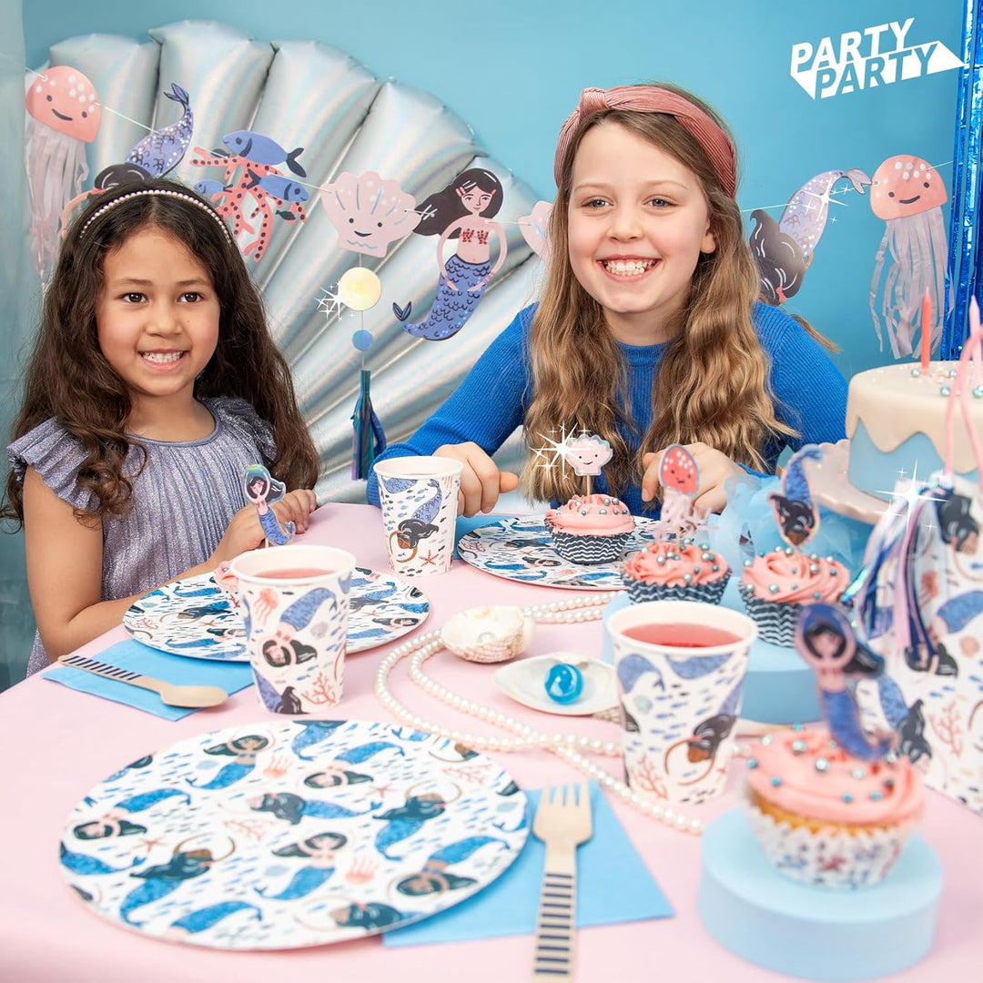 PARTY PARTY 107 Teile glitzerndes Meerjungfrau PARTYGESCHIRR + GESCHENKTÜTEN + CUPCAKE TOPPER + GIRL