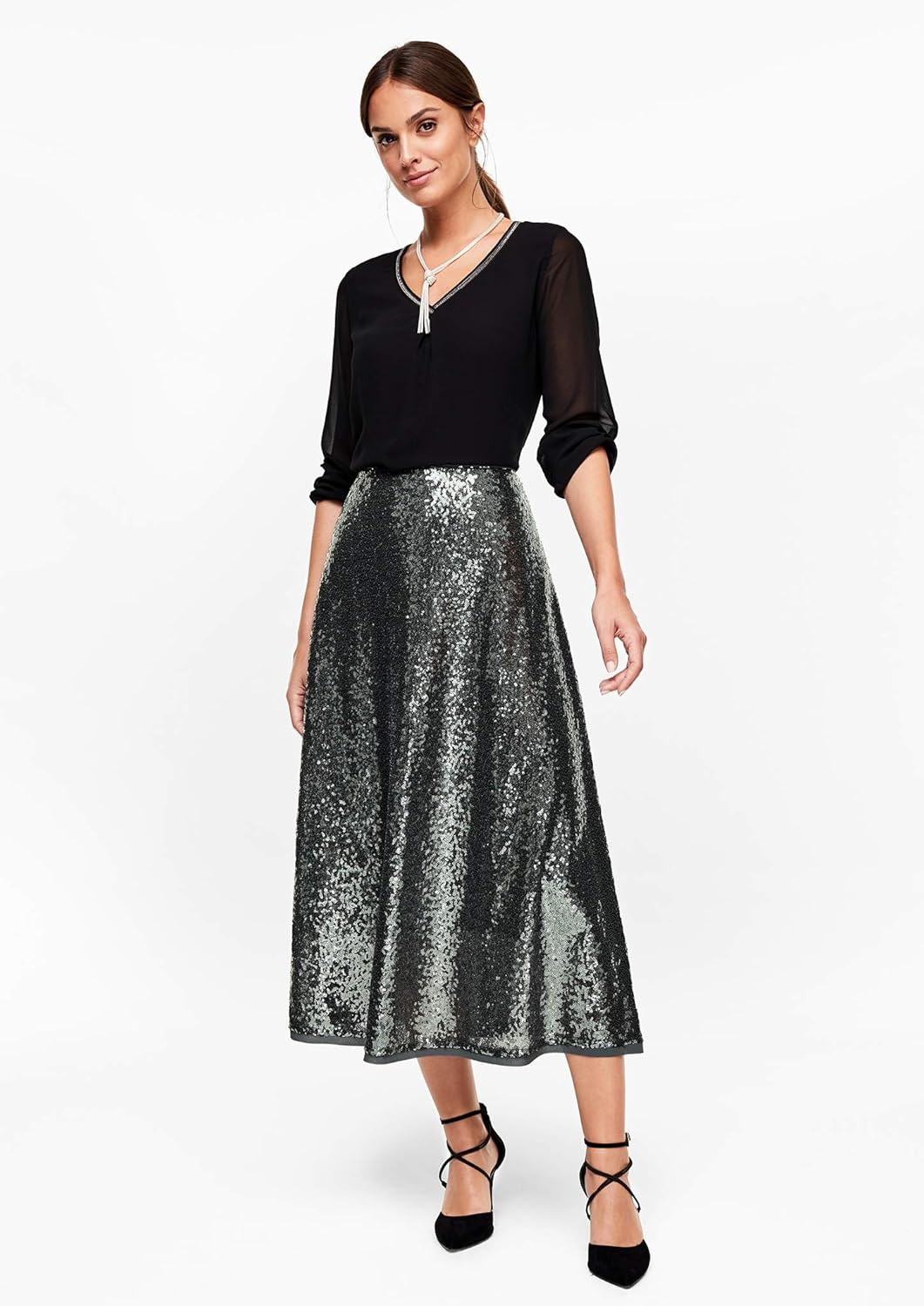 s.Oliver BLACK LABEL Damen Midirock mit funkelnden Pailletten Green 42