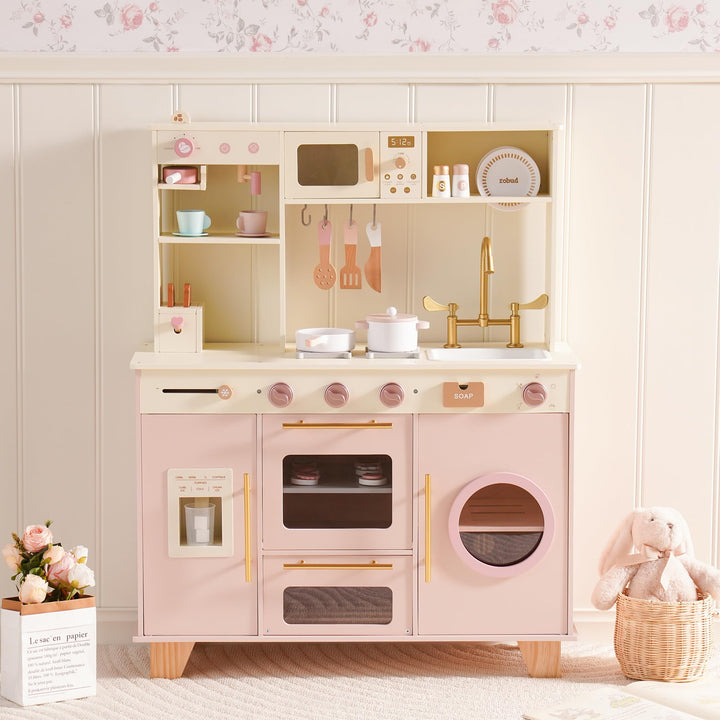 ROBUD Kinder Spielküche aus Holz, Kinder Spielzeugküche Spielset mit Brotmaschine, Ofen mit Kuchen,