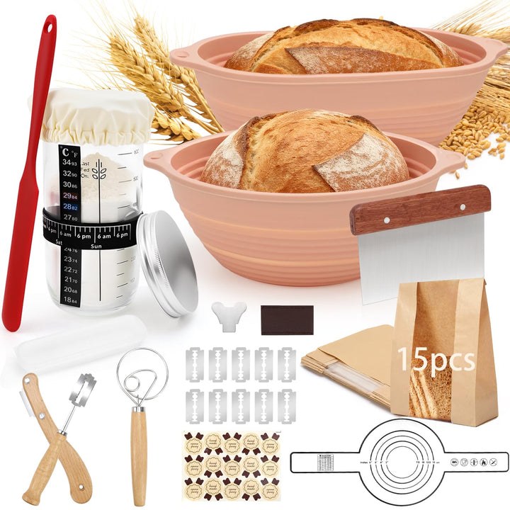 IIRC Sauerteig Starter Set mit Gärkorb Brot – Silikon Gärkörbchen(28,8cm Ovale und 25,8cm Runde) & Z