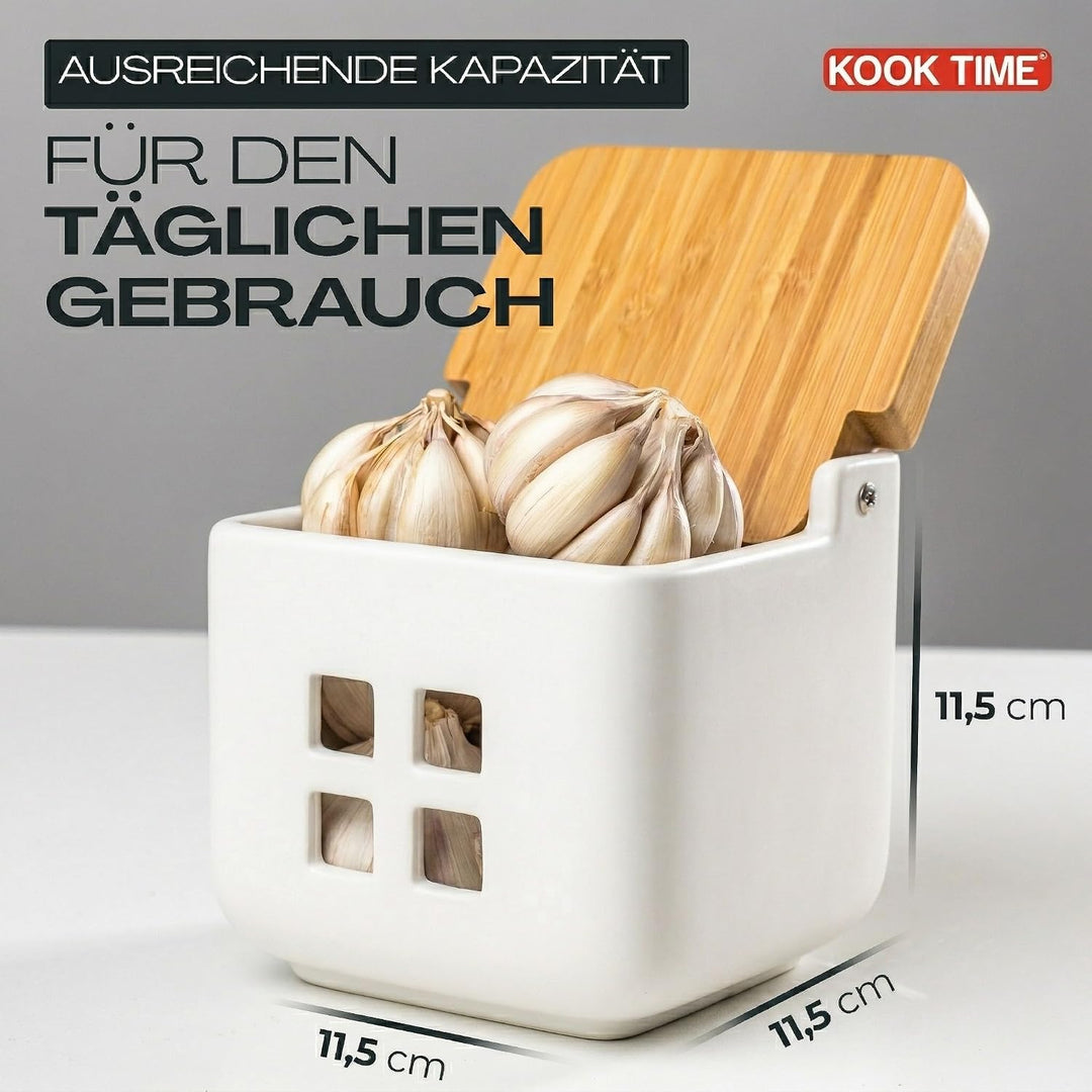 KOOK TIME Knoblauch Dose - Matt Weiss Keramik Knoblauchtopf mit Bambusholz Deckel, Perfekte Knoblauc