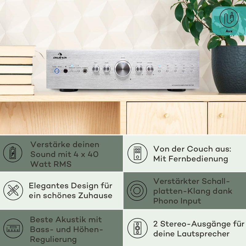 Auna Verstärker, HiFi Stereo Mini Verstärker, HiFi-Verstärker mit Bass & Treble Regler, 2 Kanal Audi