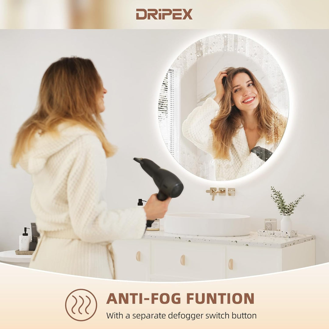 Dripex Badezimmerspiegel Led Badspiegel Rund, Touch-Schalter, Dimmbar, 3 Lichtfarbe Einstellbare Spi