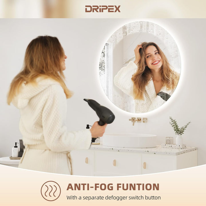 Dripex Badezimmerspiegel Led Badspiegel Rund, Touch-Schalter, Dimmbar, 3 Lichtfarbe Einstellbare Spi