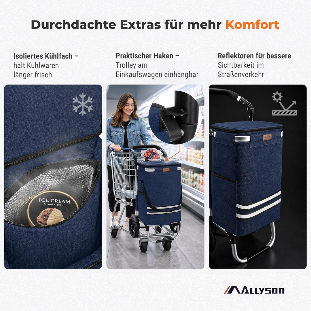 Allyson Einkaufstrolley klappbar mit 56L Kapazität ，3in1 Trolley Sackkarre & Umhängetasche，Einkaufst