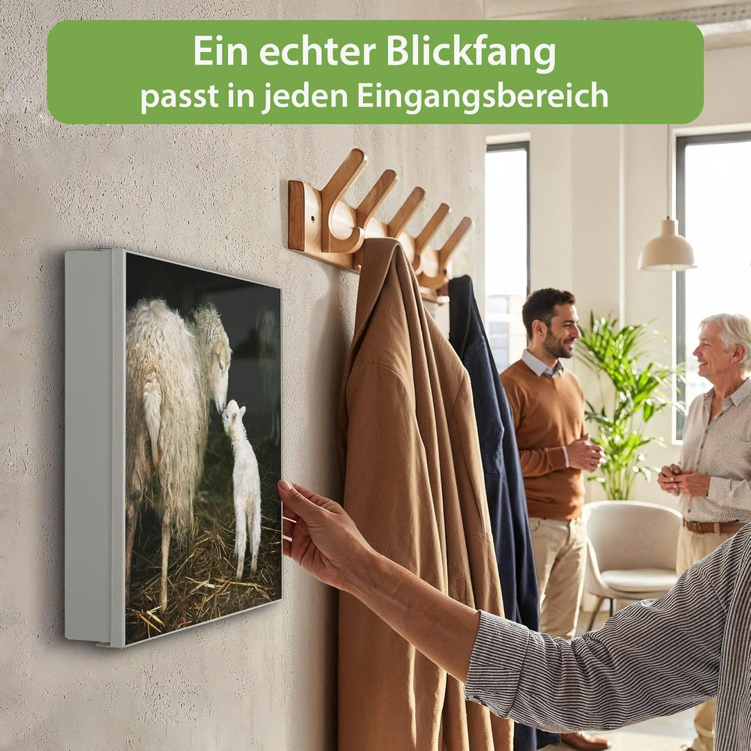 banjado® Grosser Schlüsselkasten Glas/Schlüsselbox 30cm x 30cm mit 50 Haken - Motiv Schaf Und Lamm/S