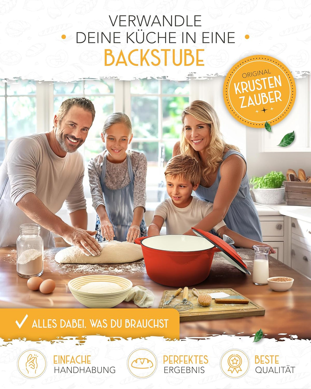 KRUSTENZAUBER Gusseisen Topf Brot Backen emailliert im XXL Set - Brotbackform mit Deckel inkl Gärkor