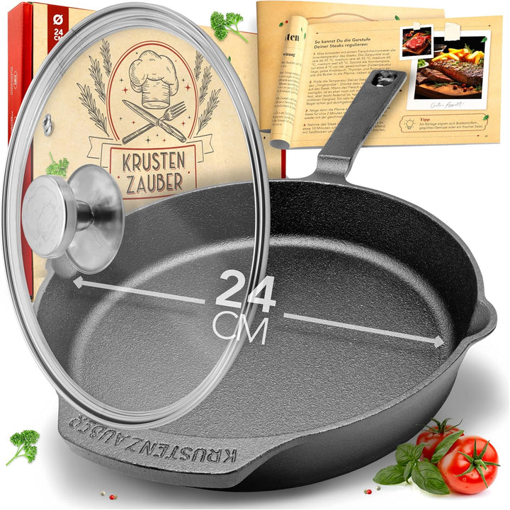 KRUSTENZAUBER 24cm Gusseisenpfanne Induktion - Voreingebrannte Gusseisen Pfanne - Ideale Grillpfanne