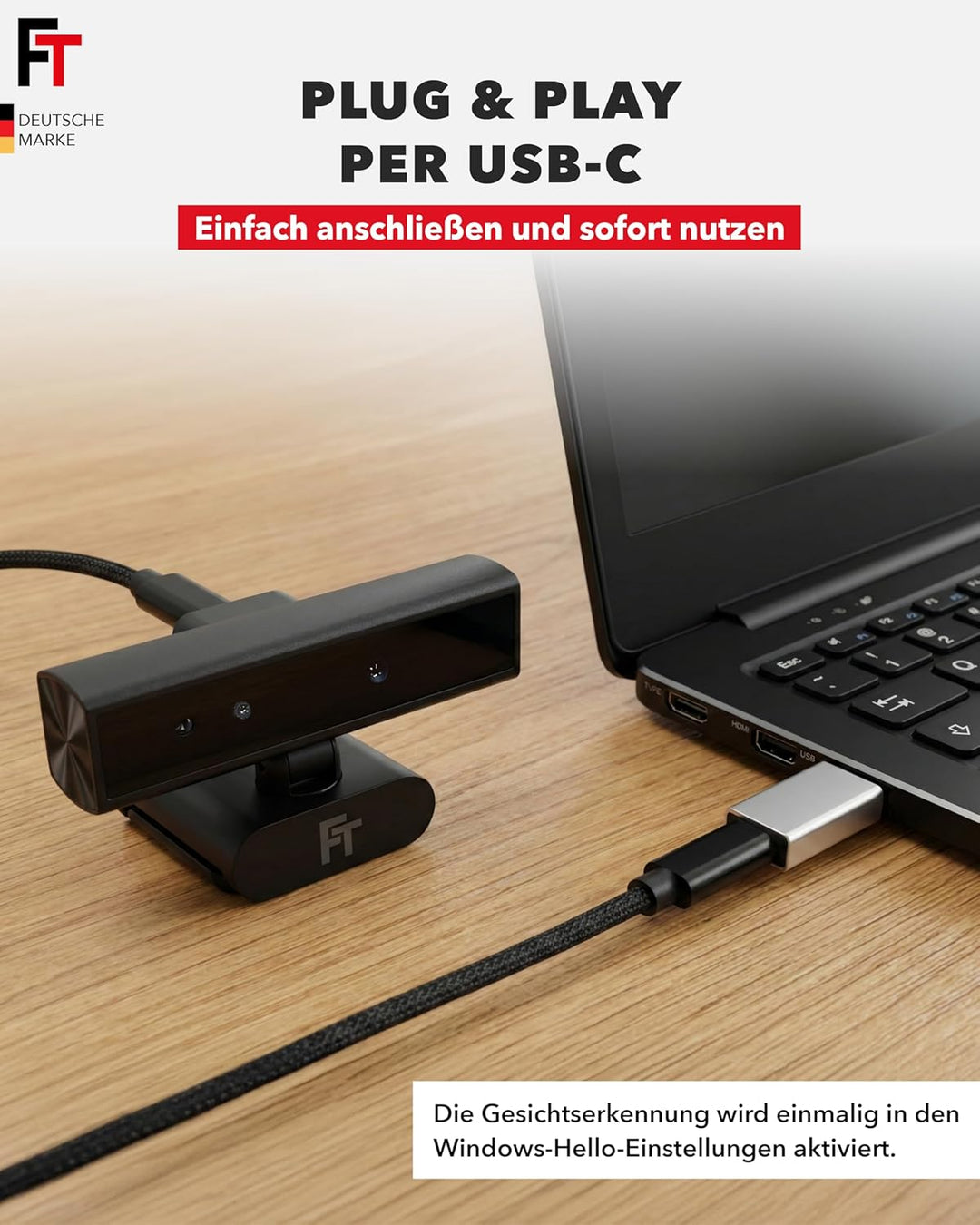 FeinTech FC200 2K Webcam Kamera 5MP für Windows Hello Gesichtserkennung, Webcam